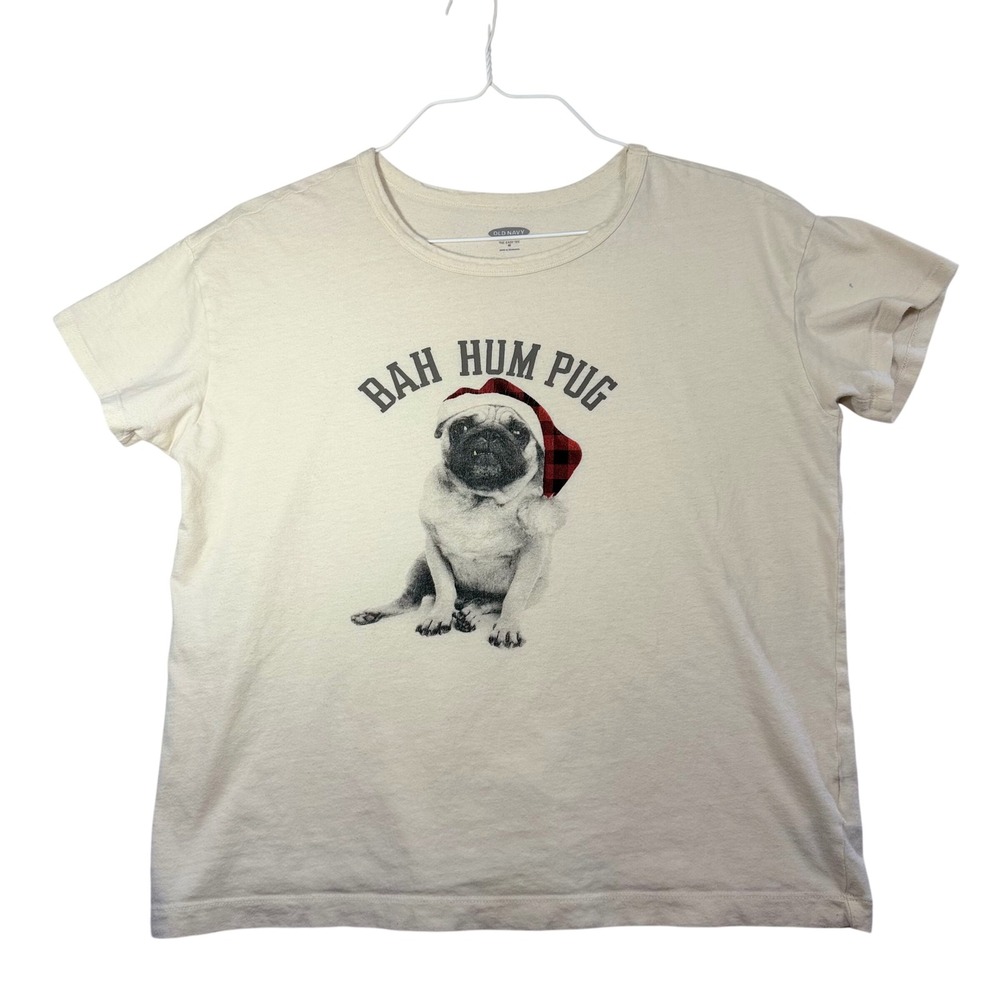 Old Navy Bah Hum Pug Christmas Dog Graphic Tee Cream Short Sleeve T-Shirt Medium